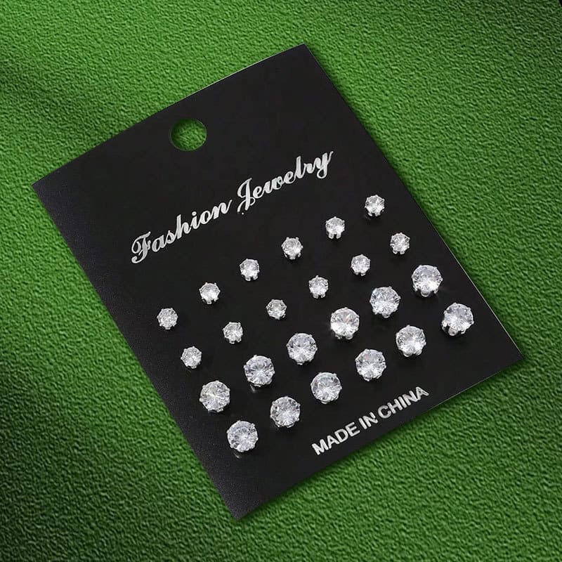 12Pairs Simple Rhinestone Stainless Steel Earring Studs