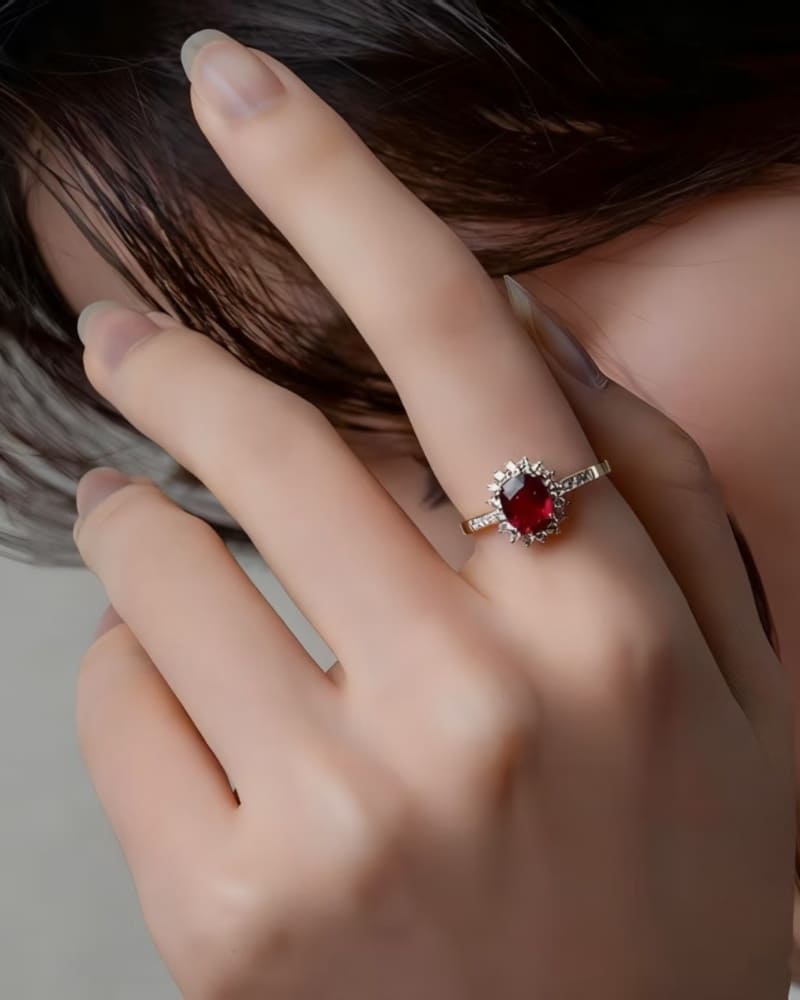 S925 Silver Vintage Ruby Red Zircon Engagement Ring