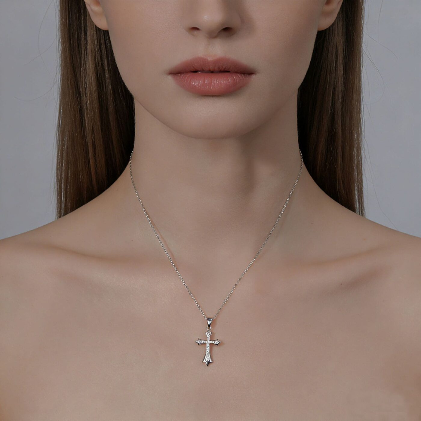 Delicate Sterling Silver Thick Cross Pendant CZ Necklace for Women