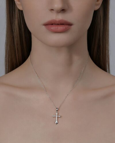 Delicate Sterling Silver Thick Cross Pendant CZ Necklace for Women