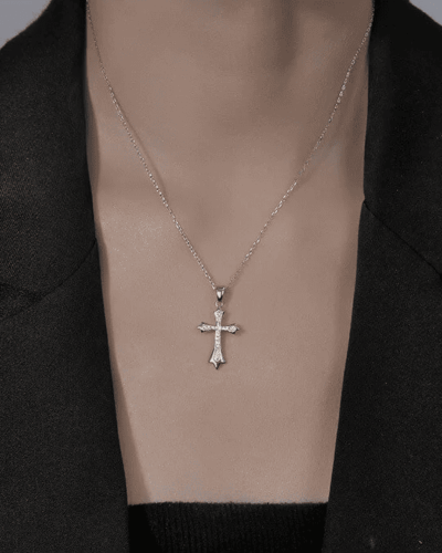Delicate Sterling Silver Thick Cross Pendant CZ Necklace for Women