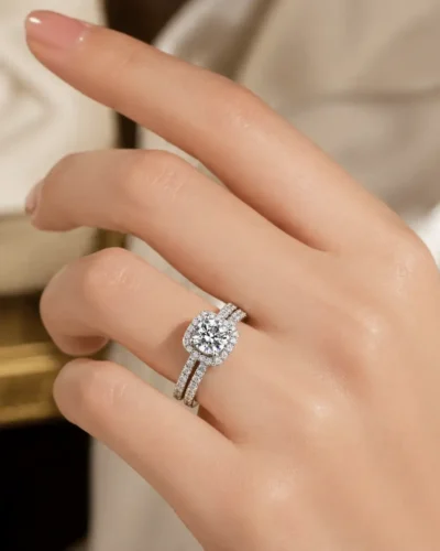 Alternatief beeld van S925 Sterling Silver Moissanite Halo Rings Set for Women