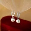 S925 Sterling Silver Pearl Drop Huggie Earrings Daily Wear