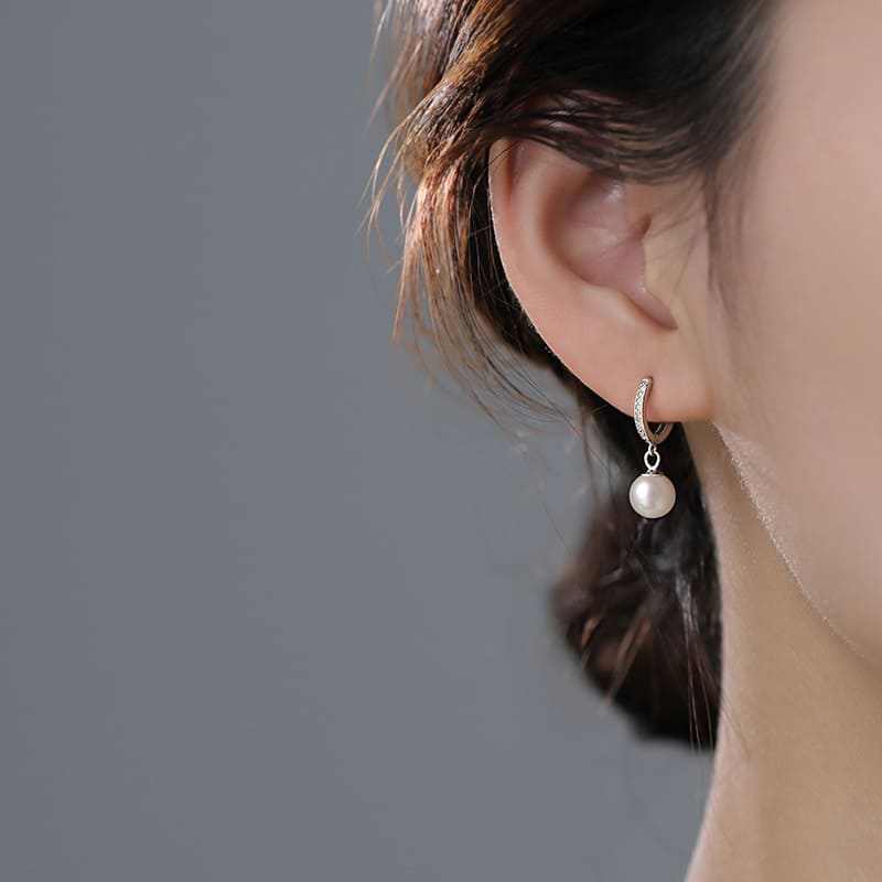 S925 Sterling Silver Pearl Drop Huggie Earrings Daily Wear
