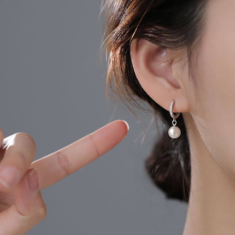 S925 Sterling Silver Pearl Drop Huggie Earrings Daily Wear