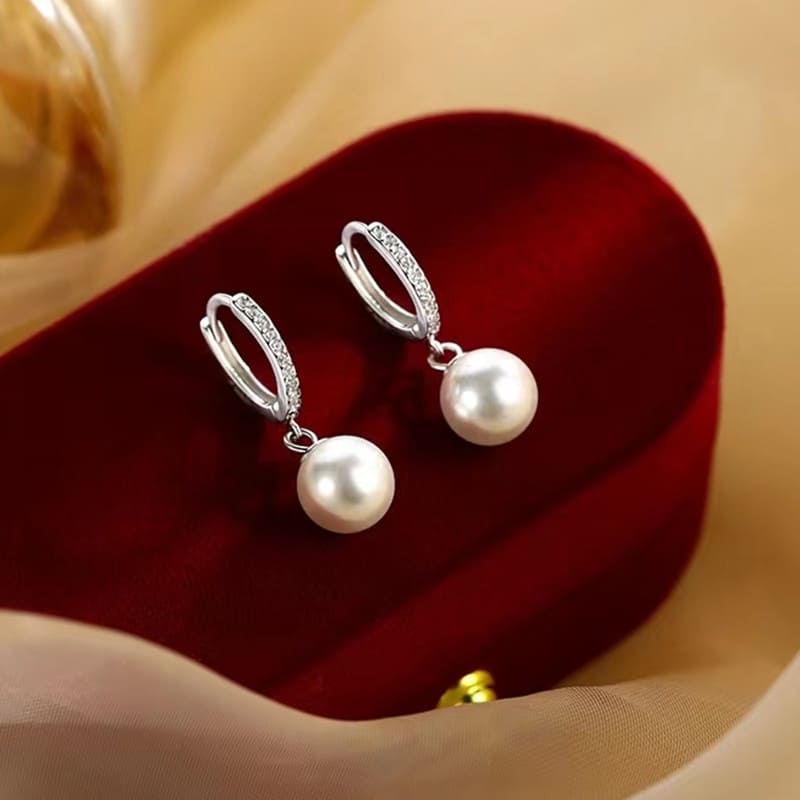 S925 Sterling Silver Pearl Drop Huggie Earrings Daily Wear