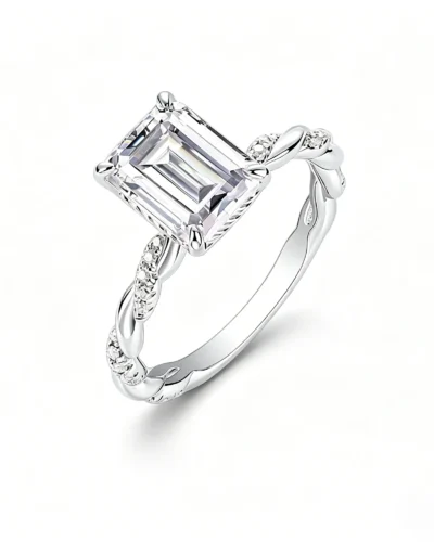 S925 Sterling Silver Twisted Emerald Cut Moissanite Engagement Ring