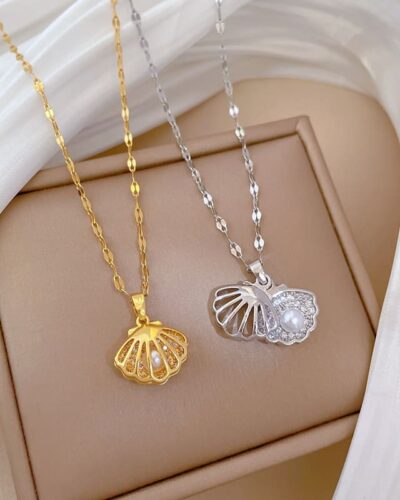 Seashell Pearl Gold Stainless Steel Locket Necklace