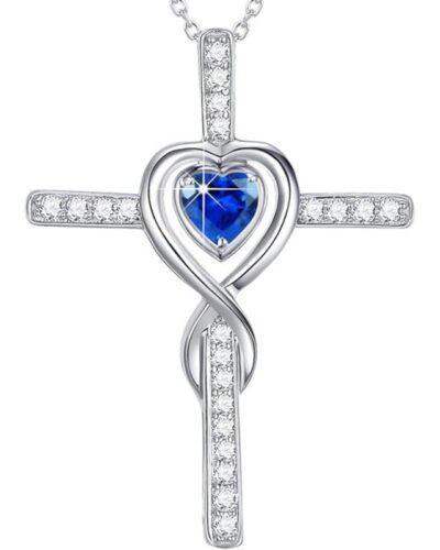 Silver Ladies Birthstone Cross Necklace Pendant