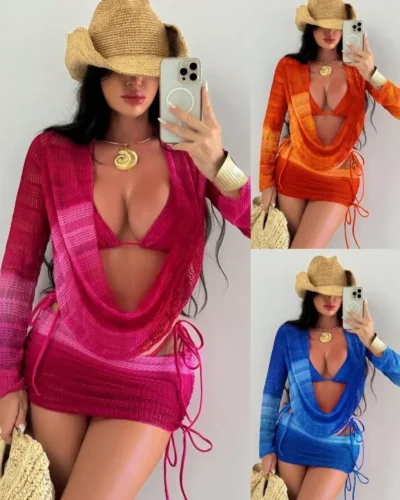 Sexy Ombre Sheer 4 Pieces Bikini Set Crochet V Mesh Cover Up Skirt Beachwear