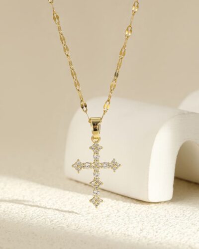 Shiny Cubic Zirconia Cross Necklace Clavicle Chain