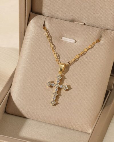 Shiny Cubic Zirconia Cross Necklace Clavicle Chain
