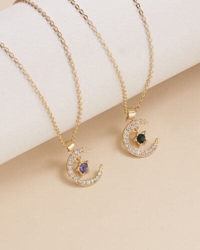 Shiny Diamond-Encrusted Star Moon Birthstone Necklace