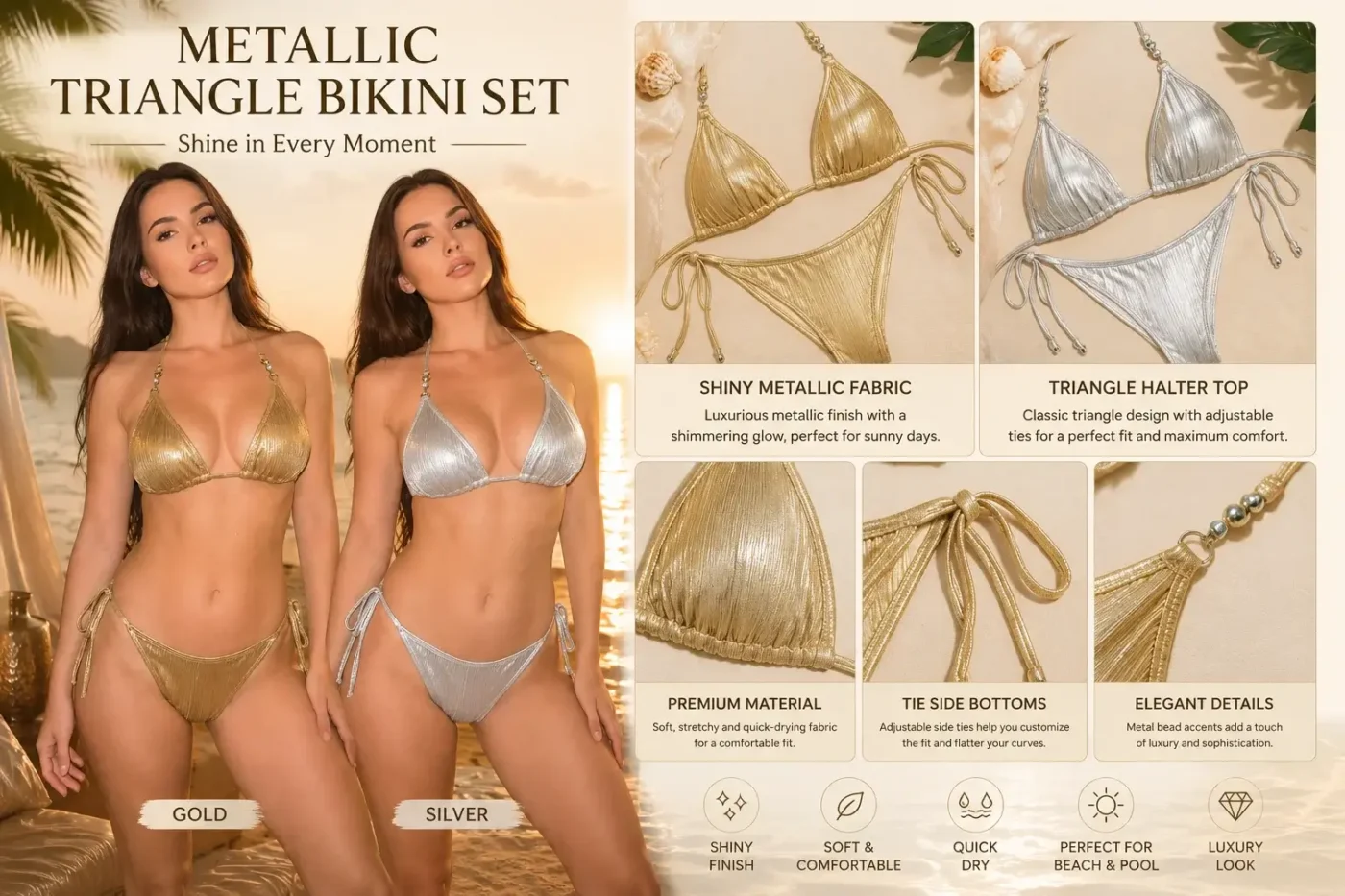 Shiny Metallic Shimmer Bikini Triangle Tie Side Beach Swimwear Set 6