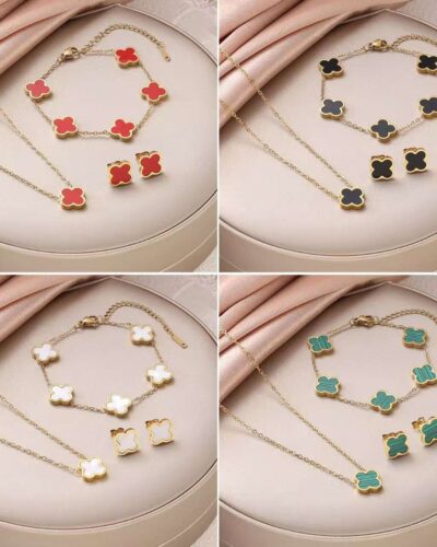 Shiny Stainless Steel Four Leaf Clover Bracelet and Necklace Set