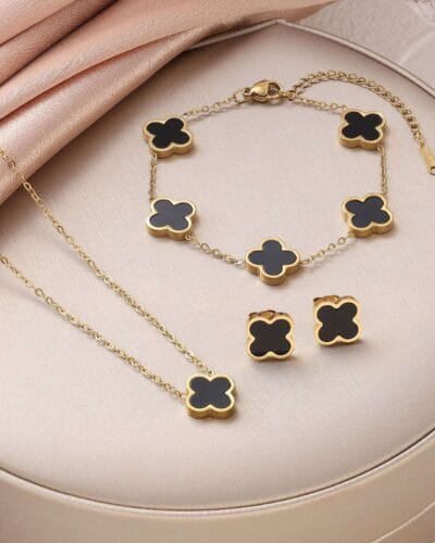 Shiny Stainless Steel Four Leaf Clover Bracelet and Necklace Set 7