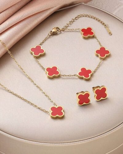 Shiny Stainless Steel Four Leaf Clover Bracelet and Necklace Set 8