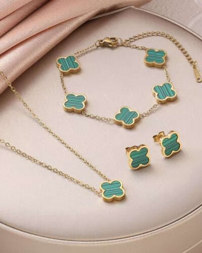 Shiny Stainless Steel Four Leaf Clover Bracelet and Necklace Set 9