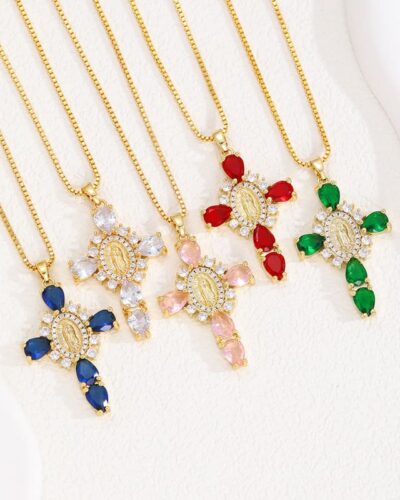 Shiny Zircon Gold Virgin Mary Cross Necklace Daily Wear