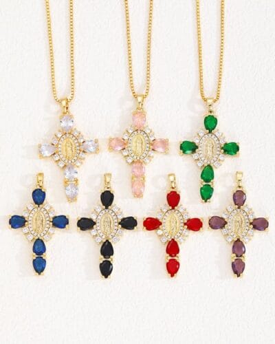 Shiny Zircon Gold Virgin Mary Cross Necklace Custom Chains