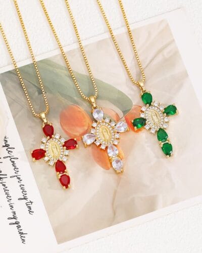Shiny Zircon Gold Virgin Mary Cross Necklace Custom Chains