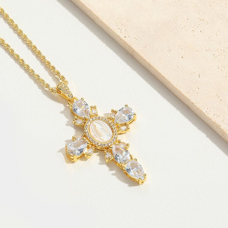 Shiny Zircon Gold Virgin Mary Cross Necklace Custom Chains