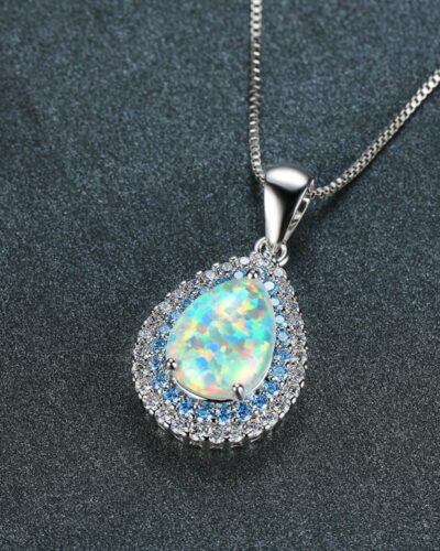 Silver Luxury Teardrop Synthetic Opal Solitaire Necklace
