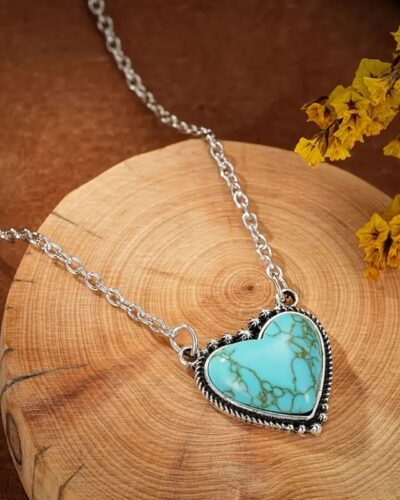 Silver Retro Heart Shaped Turquoise Necklace Boho Style