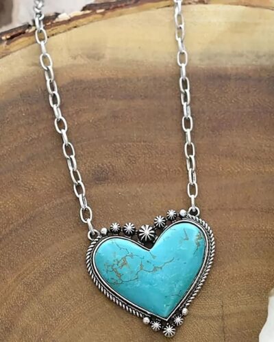 Silver Retro Heart Shaped Turquoise Necklace Boho Style