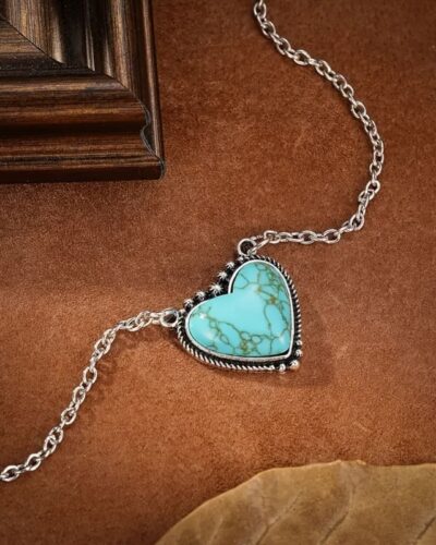 Silver Retro Heart Shaped Turquoise Necklace Boho Style