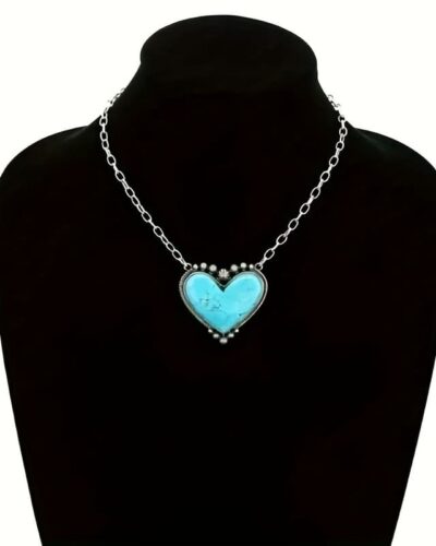 Silver Retro Heart Shaped Turquoise Necklace Boho Style