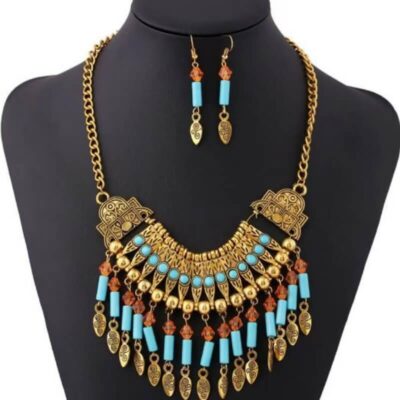 Crystal Drop Earrings Silver & Bohemian Necklace Set