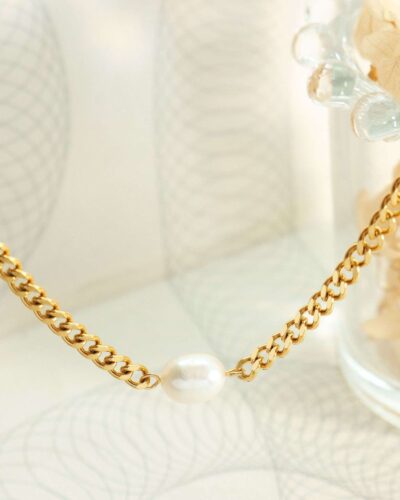 Simple 18K Gold Plated Single Stainless Steel Pearl Necklace 4