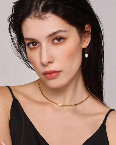 Women Simple 18K Gold Plated Miami Chain Single Pearl Necklace