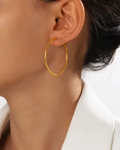 Alternative view of Simple 18K Gold Plated Stainless Steel Large Hoop Earrings