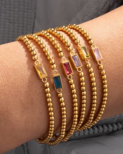 Simple Colorful Rectangle Birthstone Round Bead Bracelet