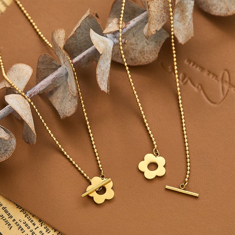 Simple Flower Gold Pendant Necklace OT Clasp 7