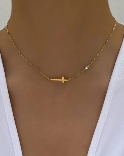 Small Dainty Cross Necklace for Women with Single Diamond