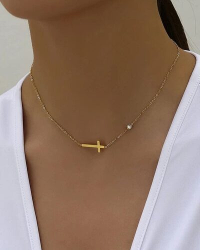 Small Dainty Cross Necklace for Women with Single Diamond