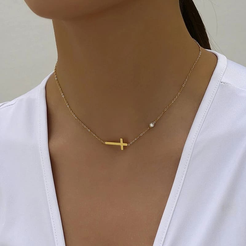 Small Dainty Cross Necklace for Women with Single Diamond