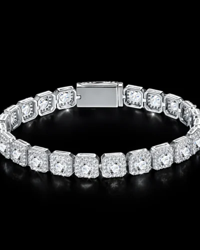 Sparkling Halo Square Tennis Moissanite Bracelet Hip-Hop Style for Men