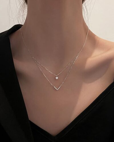Sparkling Double Layer V-Shaped Silver Stackable Necklaces