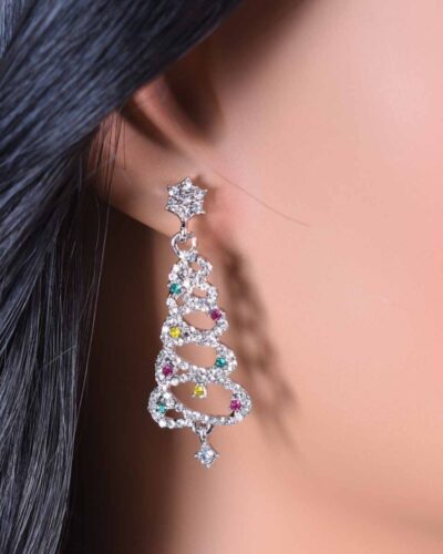Sparkly Silver Christmas Tree Earring for Xmas Decor