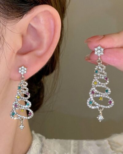 Sparkly Silver Christmas Tree Earring for Xmas Decor
