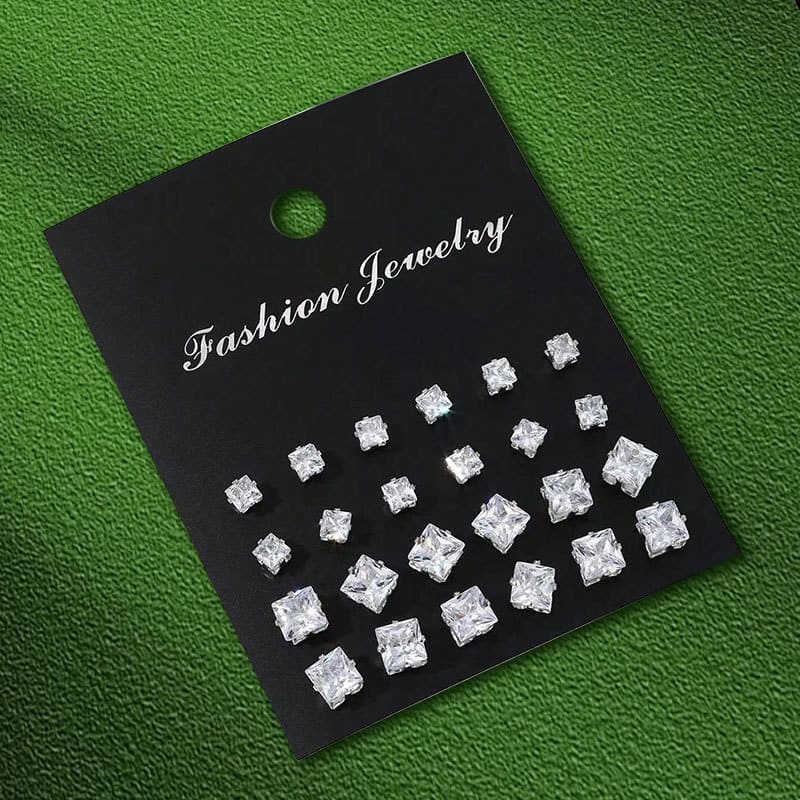 12Pairs Simple Rhinestone Stainless Steel Earring Studs