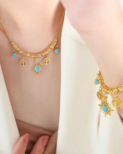 Stainless Steel Bohemian Vintage Necklace Bracelet Set 7