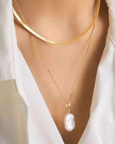 Stainless Steel Freshwater Baroque Pearl Necklace Snake Chain 1