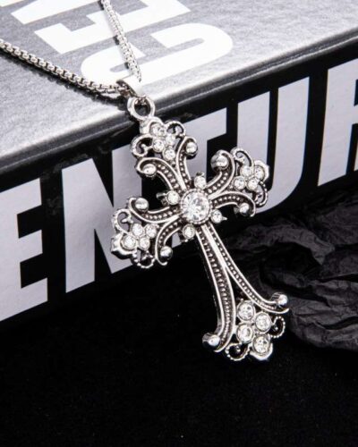 Stainless Steel Pearl Chain Chunky Gothic Cross Necklace