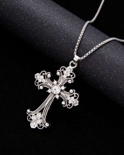 Stainless Steel Pearl Chain Chunky Gothic Cross Necklace 2
