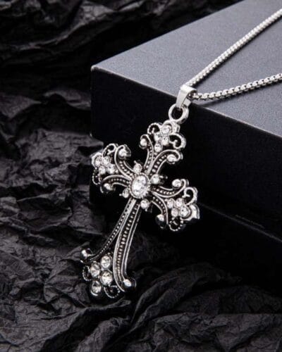 Stainless Steel Pearl Chain Chunky Gothic Cross Necklace 4